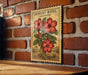 A vintage-style poster of a desert rose adorns a brick wall, featuring a detailed illustration of the flower and its surroundings.