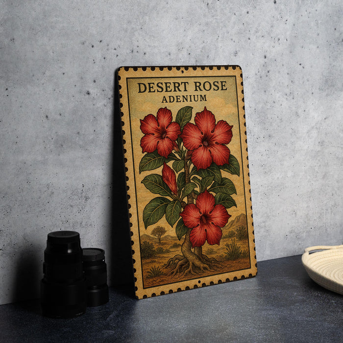 A decorative metal sign with a vintage-style illustration of a desert rose plant, featuring red flowers and green leaves, is displayed on a gray countertop.