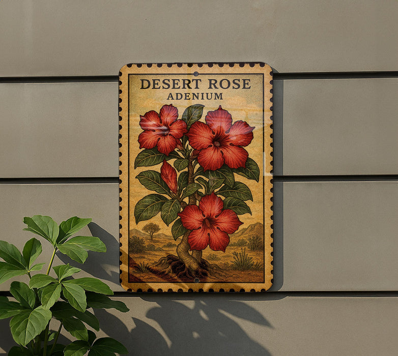 A decorative sign featuring a desert rose plant with red flowers is mounted on a wall, accompanied by a potted plant to the left.