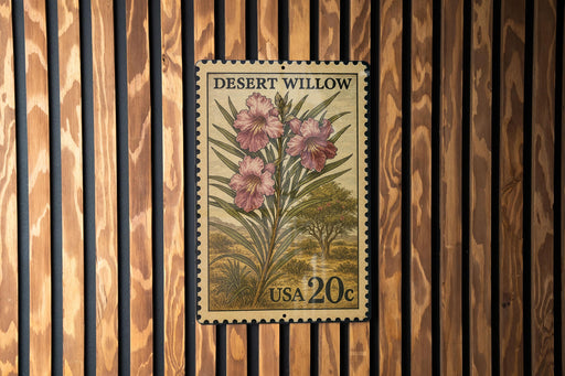 A vintage United States postage stamp featuring a desert willow plant with pink flowers, mounted on a wooden wall.