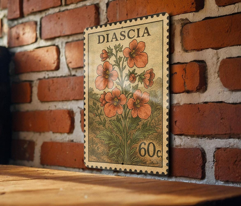 A vintage postage stamp featuring a floral design is displayed on a brick wall.
