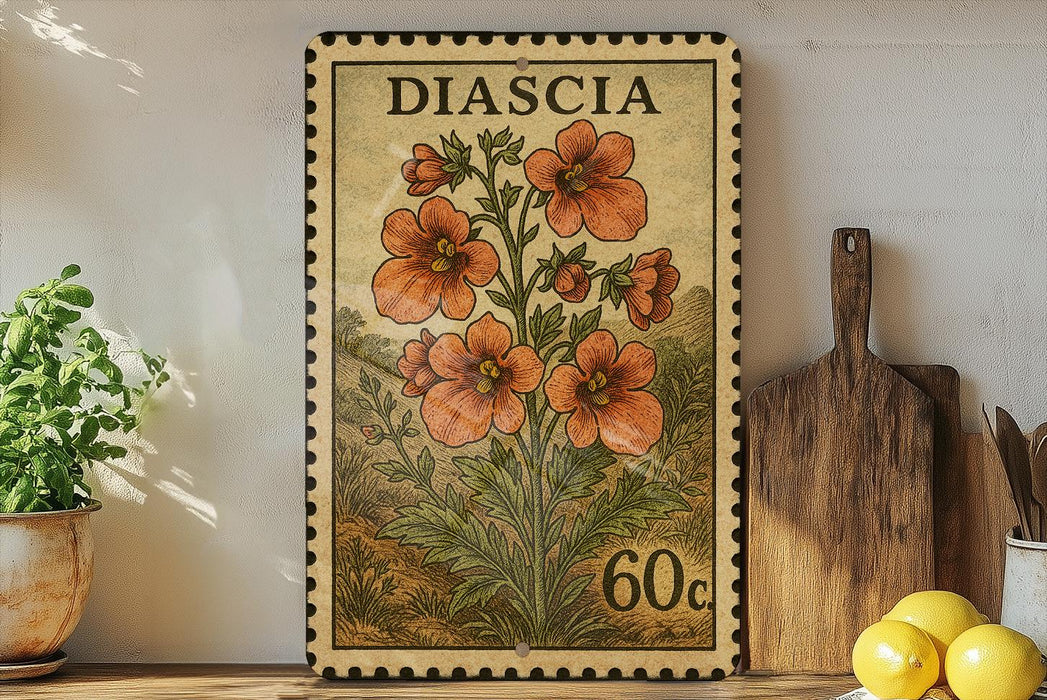 a vintage postage stamp with a floral design, placed on a shelf next to a wooden cutting board and some potted plants.