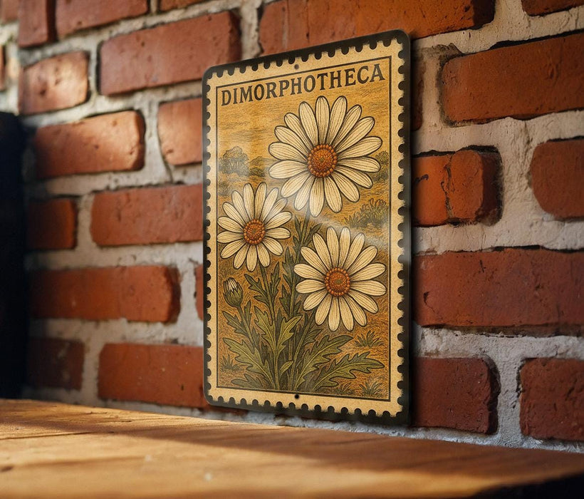 A vintage-style metal stamp with a floral design is displayed on a brick wall, featuring three large white daisies.