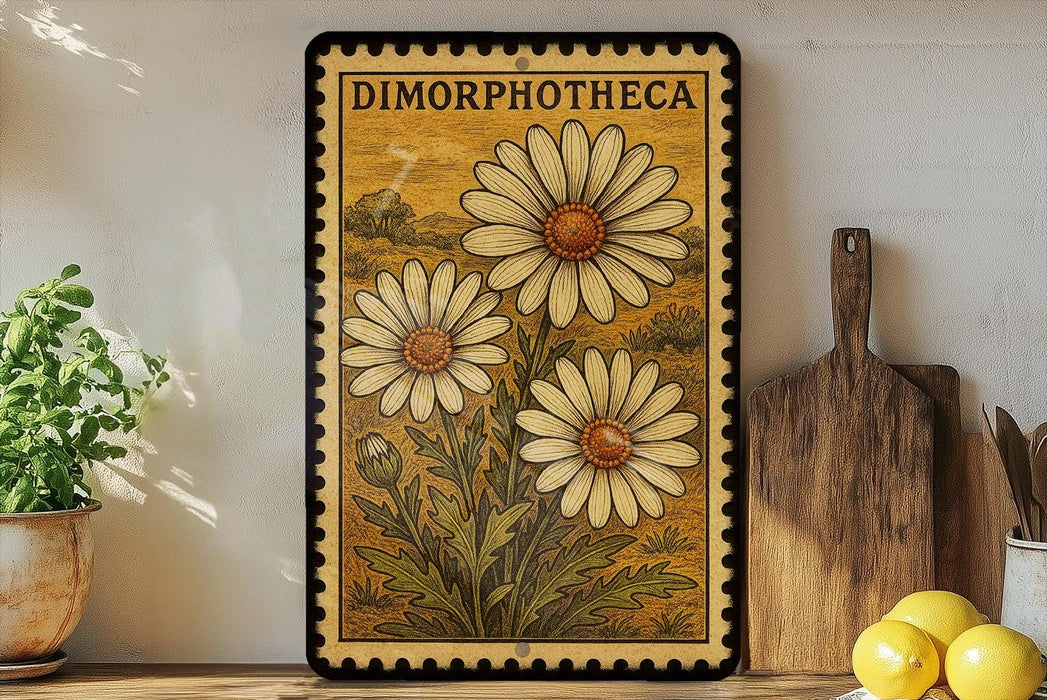 A framed illustration of three daisies is displayed on a shelf, accompanied by a wooden cutting board and a potted plant.
