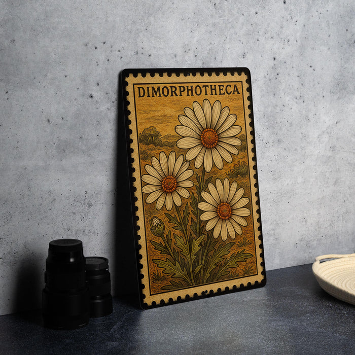 A vintage-style metal stamp with a floral design, featuring three large white daisies, is displayed on a dark surface next to a stack of black camera lenses.