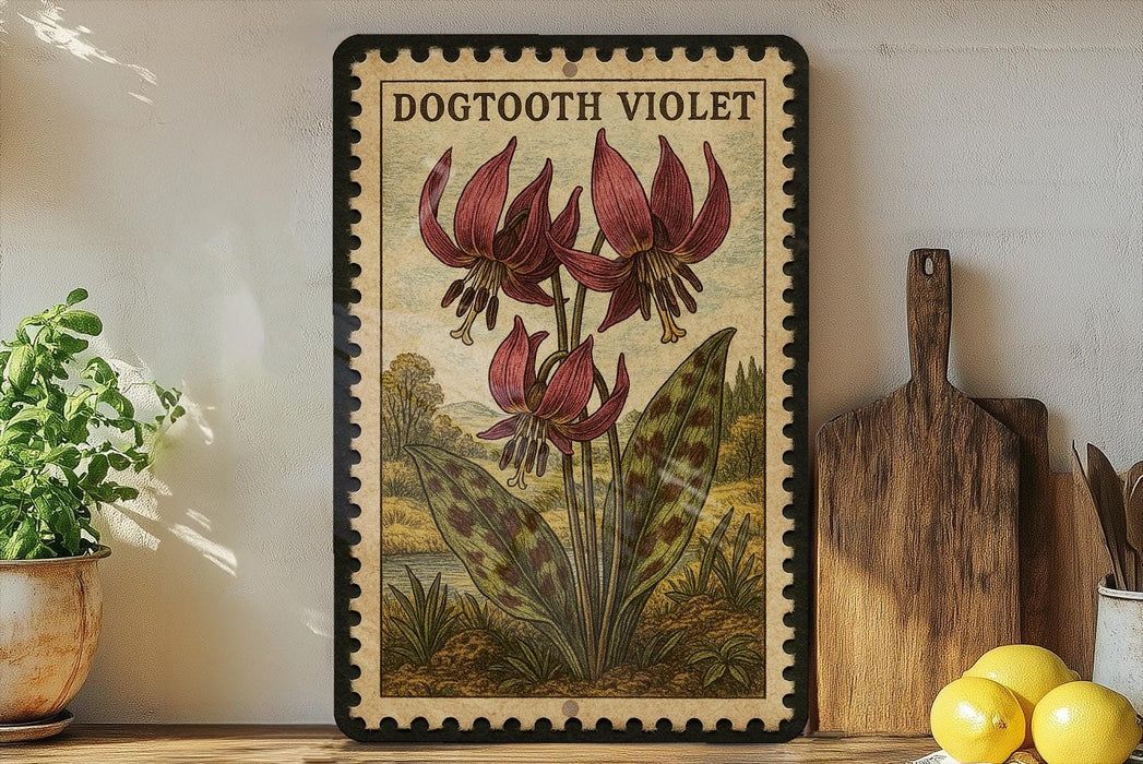 A framed illustration of a dogwood violet plant is displayed on a shelf, accompanied by a wooden cutting board, a potted plant, and a lemon.
