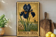 A framed postage stamp depicting a blue iris flower, with the text "50 CENT DUTCH IRIS" printed on it. The stamp is placed on a shelf next to a wooden cutting board and a potted plant.
