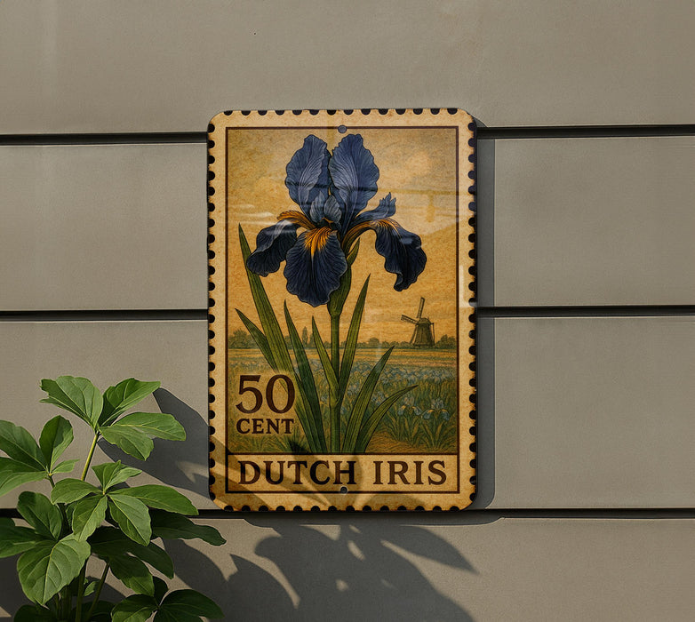 A 50 cent Dutch postage stamp featuring an illustration of a blue iris flower.