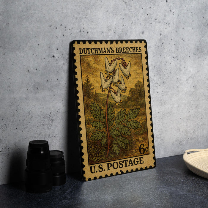 A vintage U.S. postage stamp featuring a floral illustration, placed on a table next to some black camera lenses.