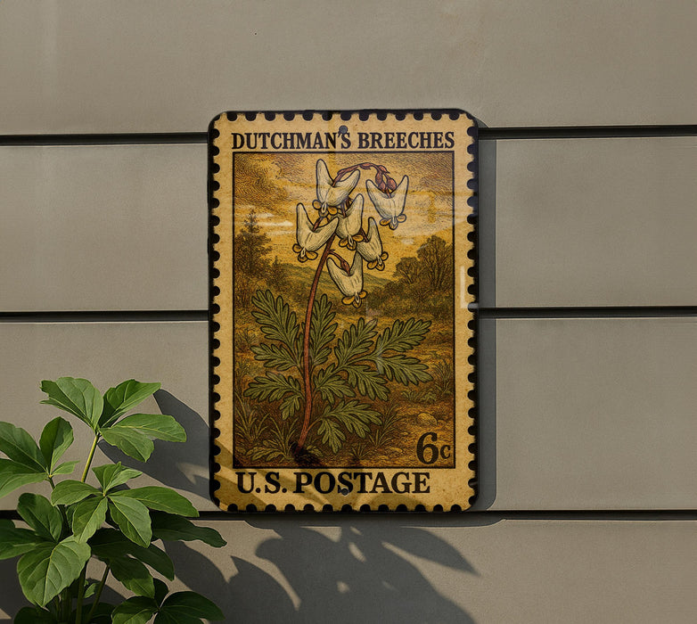 A vintage postage stamp from the United States, featuring a floral design and the text "DUTCHMAN'S BREECHS" and "U.S. POSTAGE".
