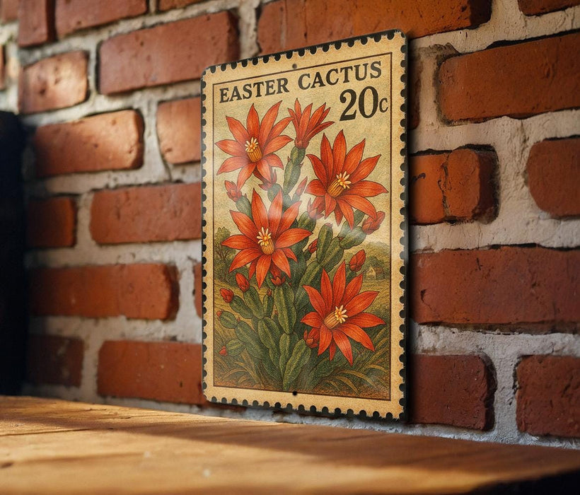 A vintage-style postage stamp featuring a vibrant illustration of red cactus flowers is displayed on a brick wall.