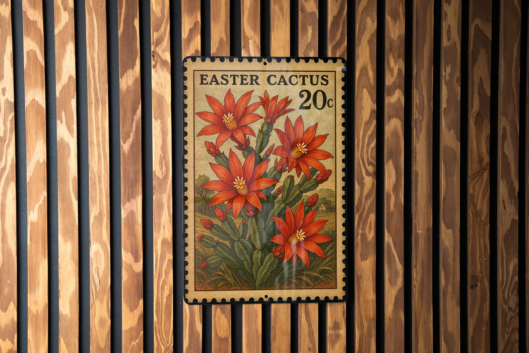 A vintage-style postage stamp featuring a vibrant illustration of red flowers on a cactus plant, mounted on a wooden wall.