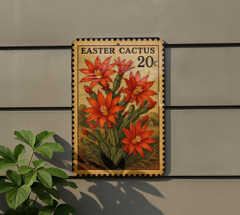 A postage stamp featuring an illustration of an Easter cactus plant with red flowers, mounted on a wall.