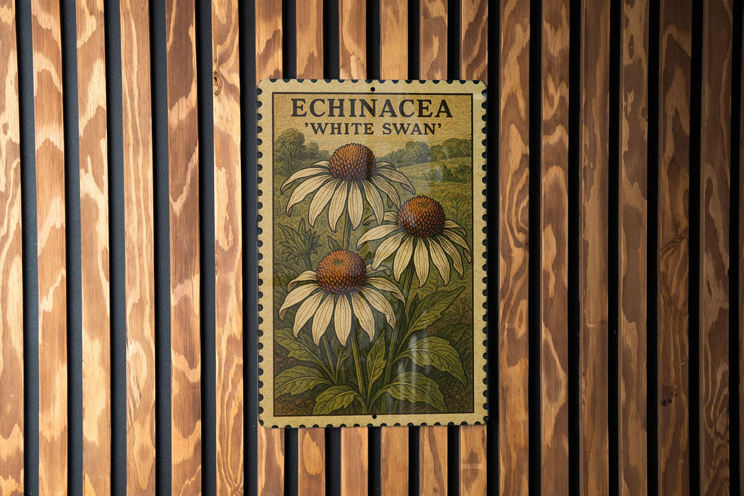 A framed image of three white swan flowers is displayed on a wooden wall.