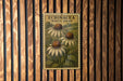 A framed image of three white swan flowers is displayed on a wooden wall.