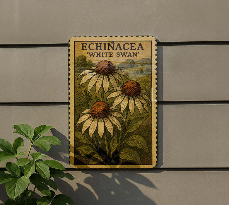 a vintage-style poster of three white swan flowers on a wall, with a plant in the foreground.
