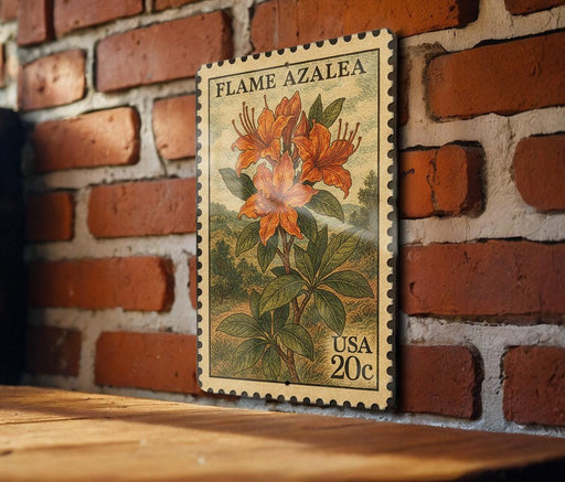 A vintage-style postage stamp featuring a detailed illustration of a flower on a brick wall.