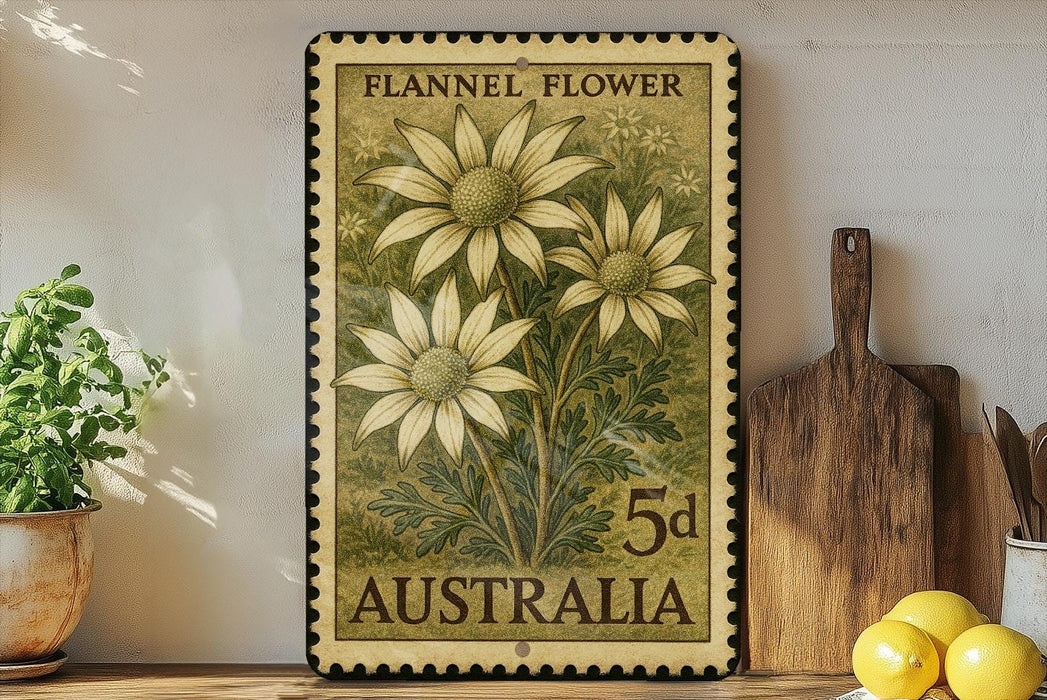 A framed stamp depicting a floral design with three yellow flowers, placed on a shelf next to a wooden cutting board and a potted plant.