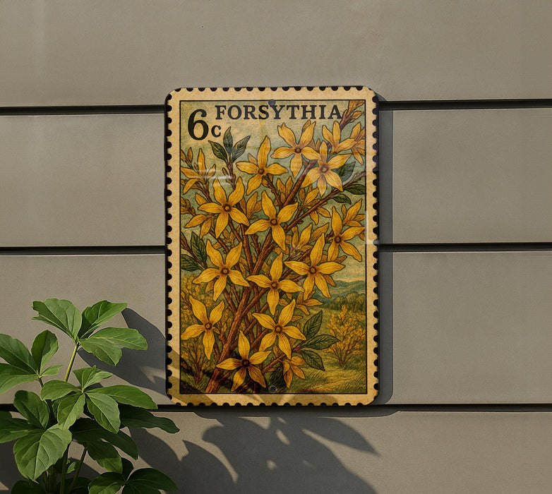 a postage stamp with a floral design, mounted on a wall next to a plant.