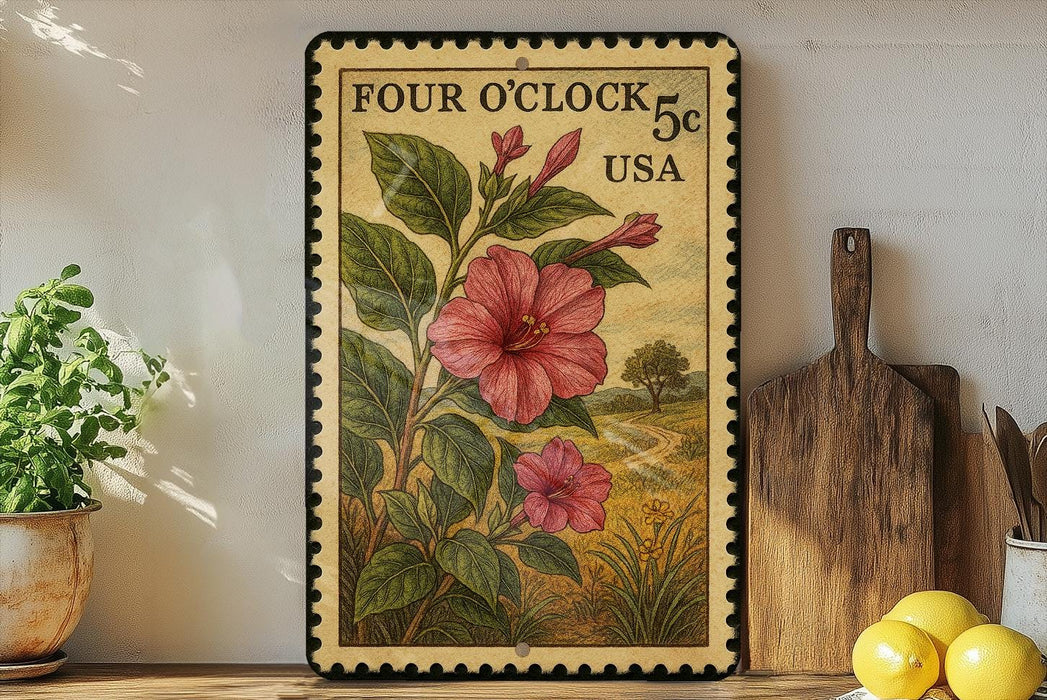 A framed image of a pink hibiscus flower on a wooden shelf, with a wooden cutting board and a lemon in the foreground.