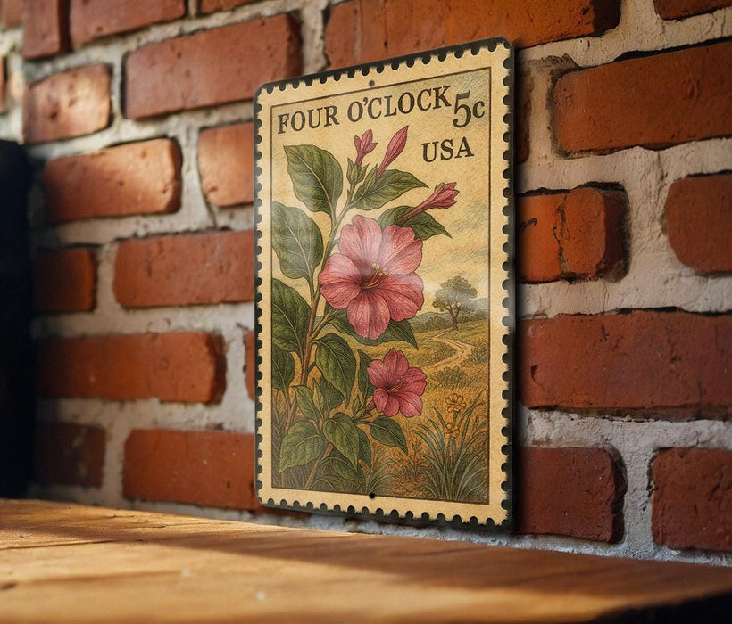 A vintage-style postage stamp featuring a pink flower and green leaves, mounted on a brick wall.