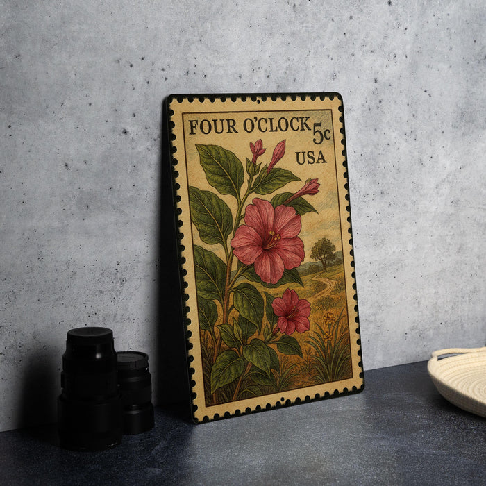 A four-clock stamp from the United States featuring a pink hibiscus flower and green leaves, placed on a gray countertop next to some black camera lenses.