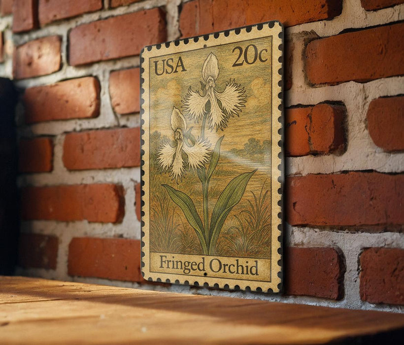 A framed vintage postage stamp depicting a fringed orchid, mounted on a brick wall.