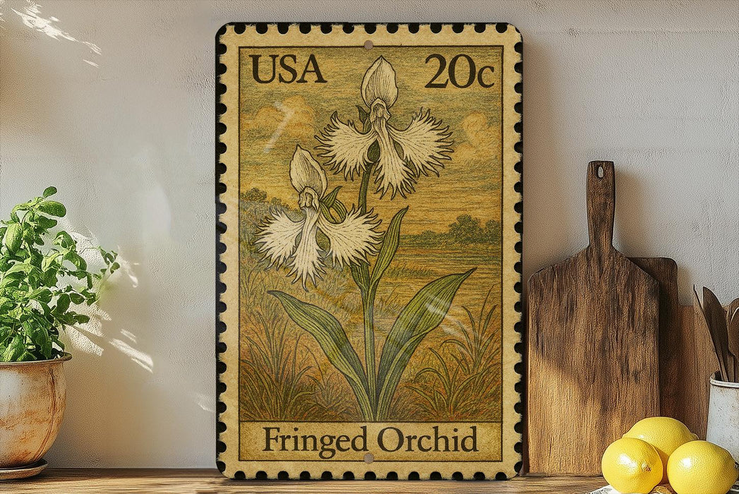 A framed image of two white orchid flowers on a wooden shelf, with a wooden cutting board and a potted plant to the left.