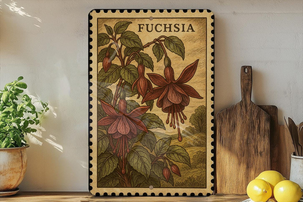 a framed illustration of a fuchsia plant on a shelf, with a wooden cutting board and a potted plant to the left.
