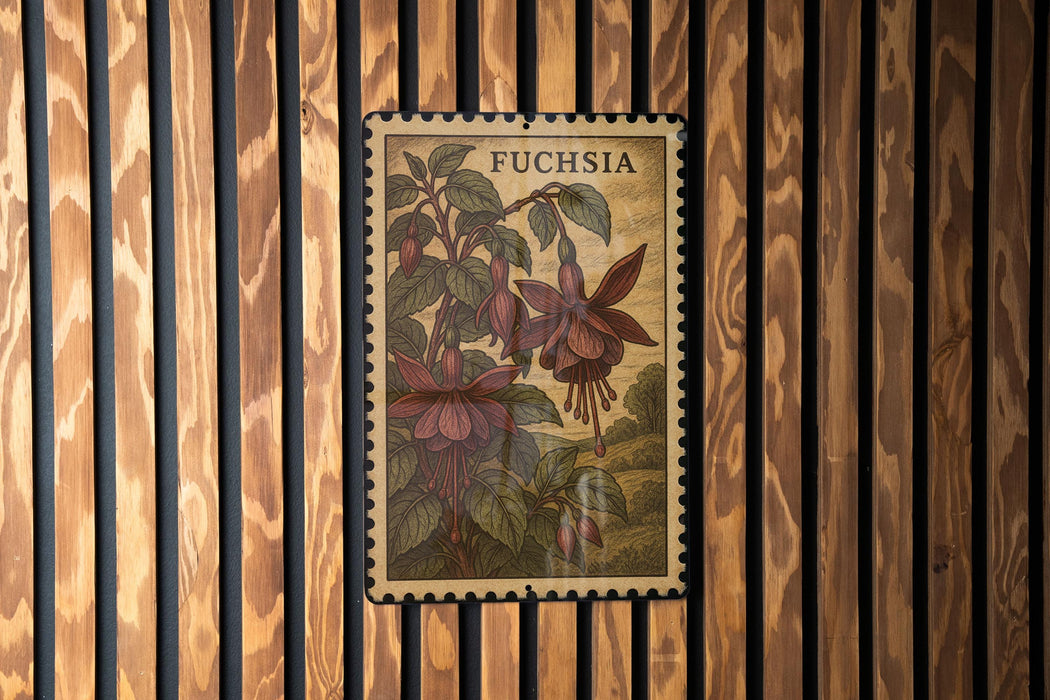 a framed illustration of a fuchsia flower on a wooden background.