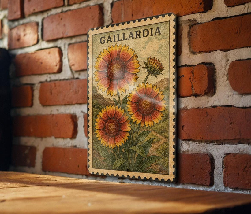a vintage-style postage stamp with a floral design, hanging on a brick wall.