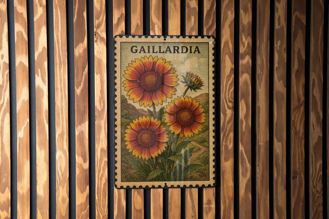 A postage stamp featuring a large, vibrant flower is displayed on a wooden wall.