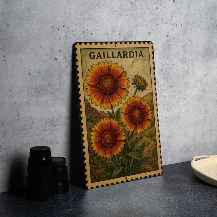 A metal sign with a vintage-style illustration of three sunflowers and the word "GAILLARDIA" on it, placed on a gray countertop next to some black camera lenses.