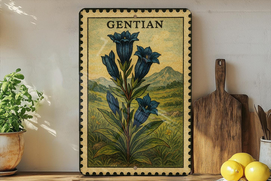 A framed illustration of blue bell flowers is displayed on a shelf, accompanied by a wooden cutting board, a potted plant, and some lemons.