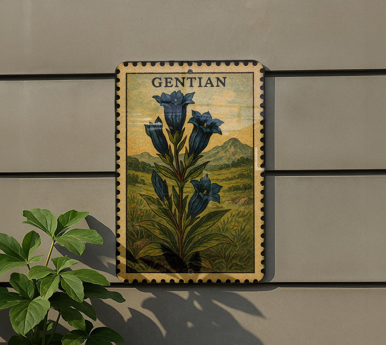 A framed illustration of blue bell flowers is displayed on a wall, with a plant to the left.