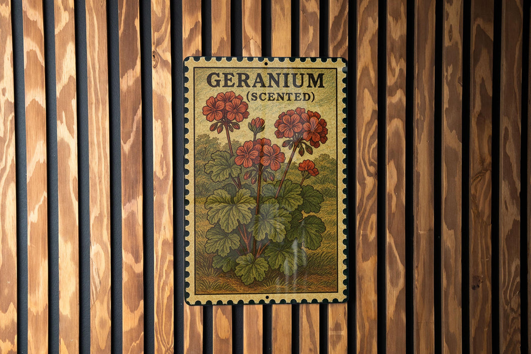 A vintage-style poster of geranium flowers is displayed on a wooden wall, with the word "GERANIUM" written on it.