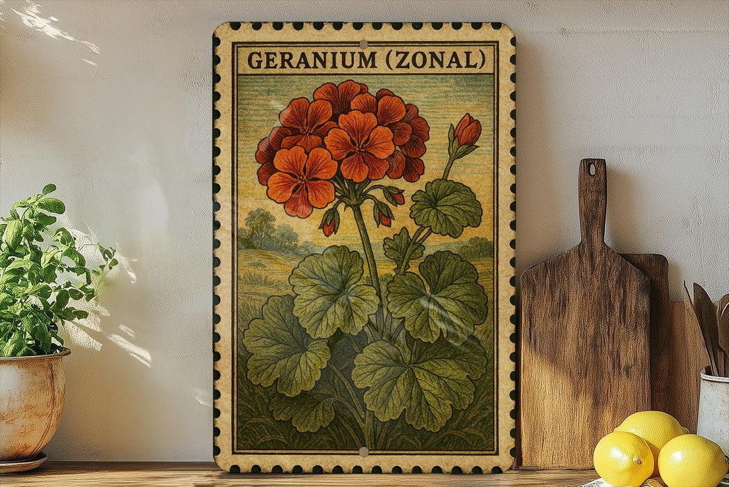 A framed illustration of a geranium plant with a wooden cutting board and lemons in the foreground, placed on a shelf against a white wall.