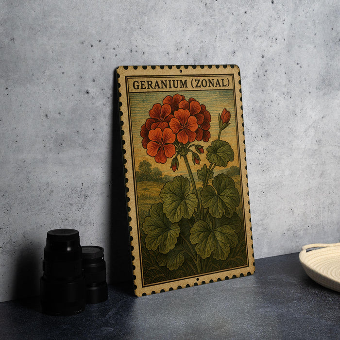 A vintage-style metal sign with a floral illustration of geraniums, labeled "Geranium (Zonal)", is displayed on a gray countertop next to a stack of black camera lenses.