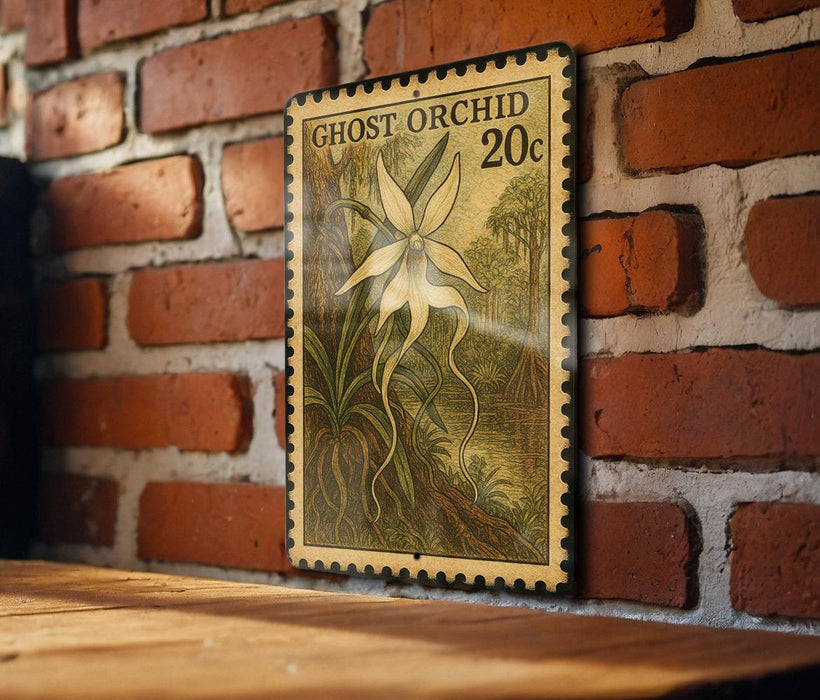 a vintage-style stamp with a floral design, mounted on a brick wall.