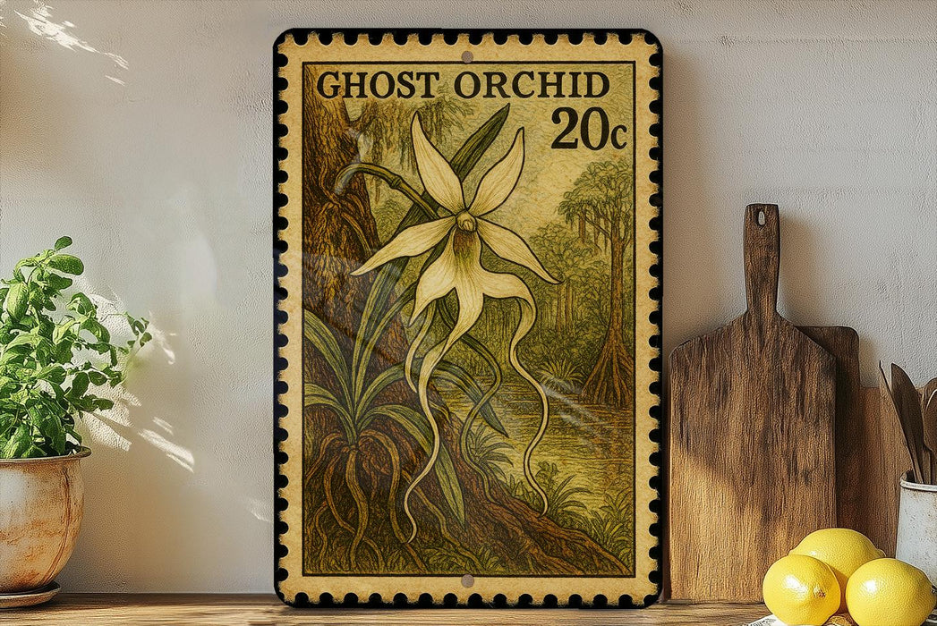 a framed print of a large orchid flower, with a vintage-style stamp design, placed on a shelf next to a wooden cutting board and some potted plants.