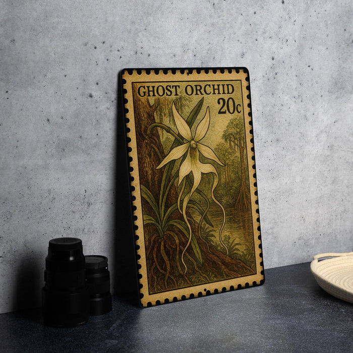 a framed stamp with a detailed illustration of a ghost orchid, placed on a table next to some black camera lenses.