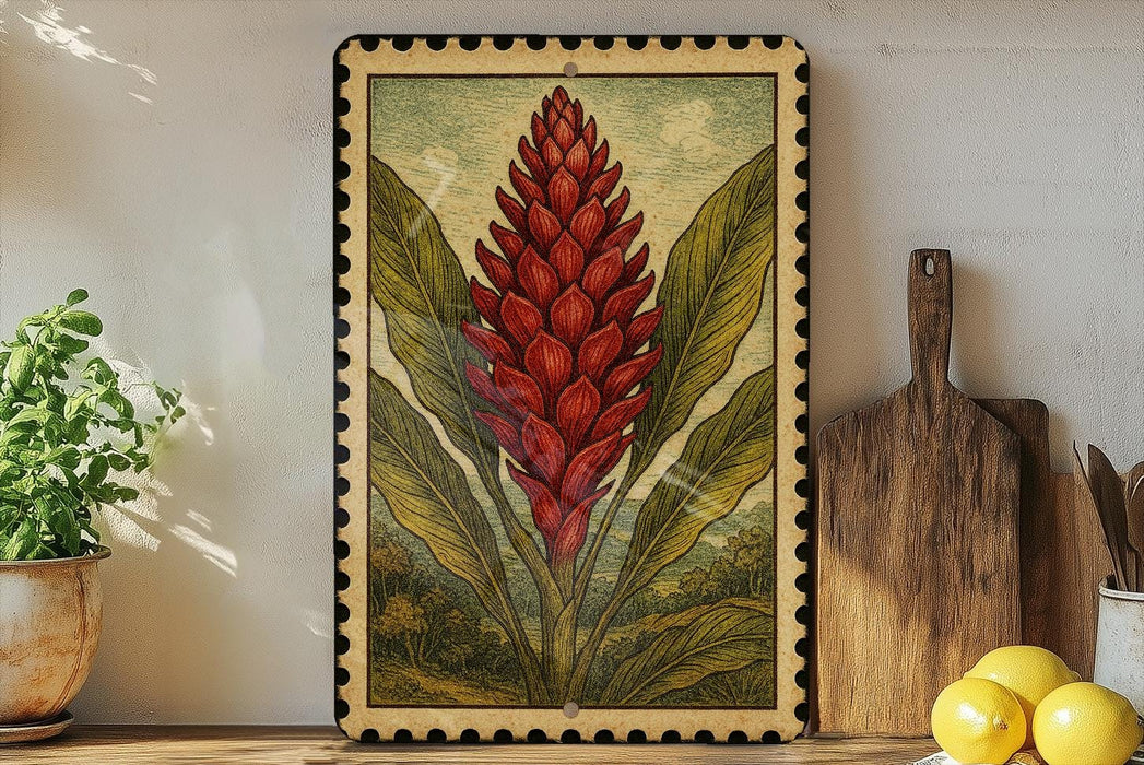 a framed illustration of a red flower with green leaves, placed on a shelf next to a wooden cutting board and a potted plant.