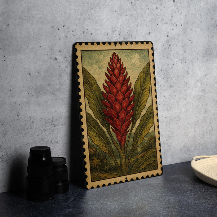 a framed illustration of a red flower with green leaves, placed on a gray countertop next to a stack of black camera lenses.