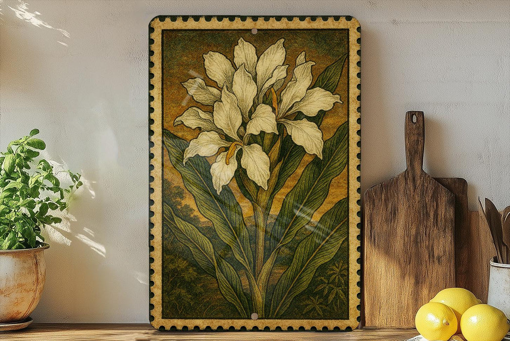 a framed painting of a white flower with green leaves, placed on a shelf next to a wooden cutting board and a potted plant.