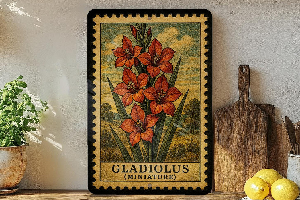A framed illustration of a cluster of orange flowers is displayed on a shelf, accompanied by a wooden cutting board, a potted plant, and some lemons.