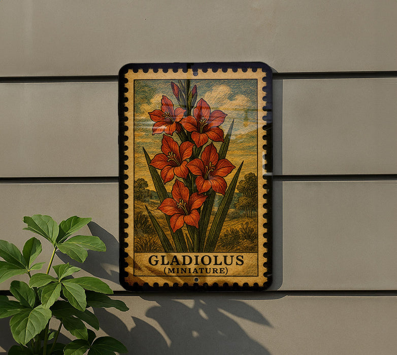A framed illustration of a Gladiolus flower is displayed on a wall, with a plant to the left of the frame.
