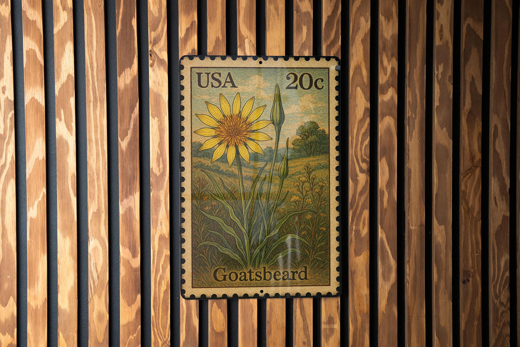 A US postage stamp featuring a yellow flower and green foliage, mounted on a wooden wall.