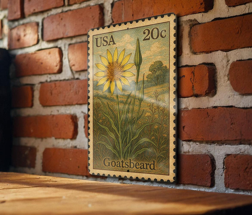 A vintage-style postage stamp featuring a yellow flower and green foliage, mounted on a brick wall.