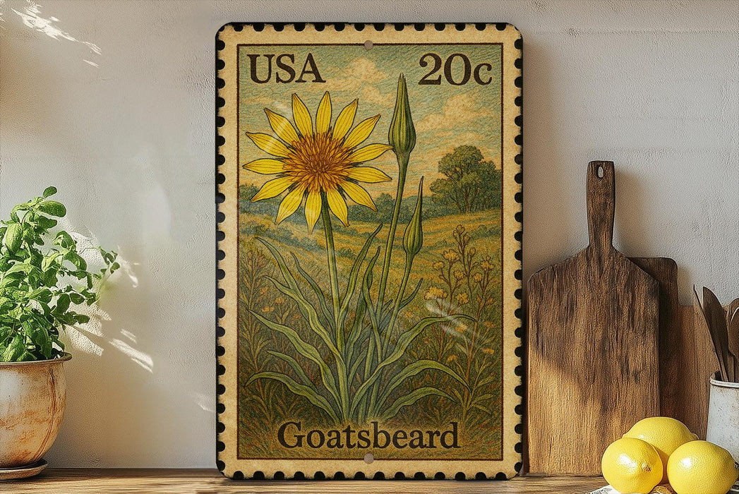 A framed postage stamp depicting a yellow flower with green leaves, placed on a shelf next to a wooden cutting board and a potted plant.