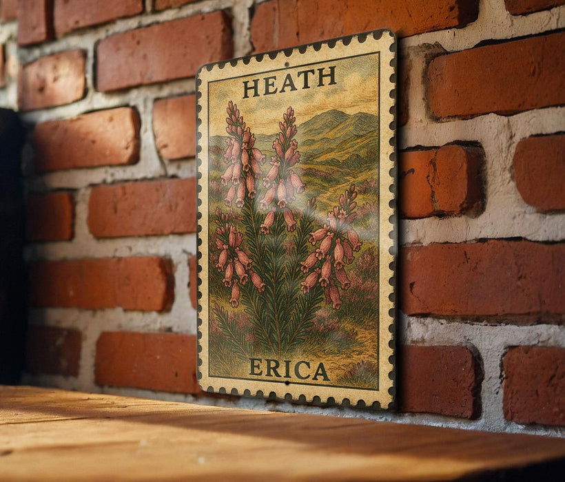 A vintage-style metal stamp featuring a floral illustration is displayed on a brick wall, with the word "HEATH" and "ERICA" printed on it.